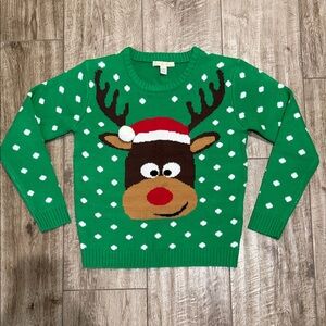 Love By Design Christmas Vibrant Green Rudolph Knit Sweater Sz Medium